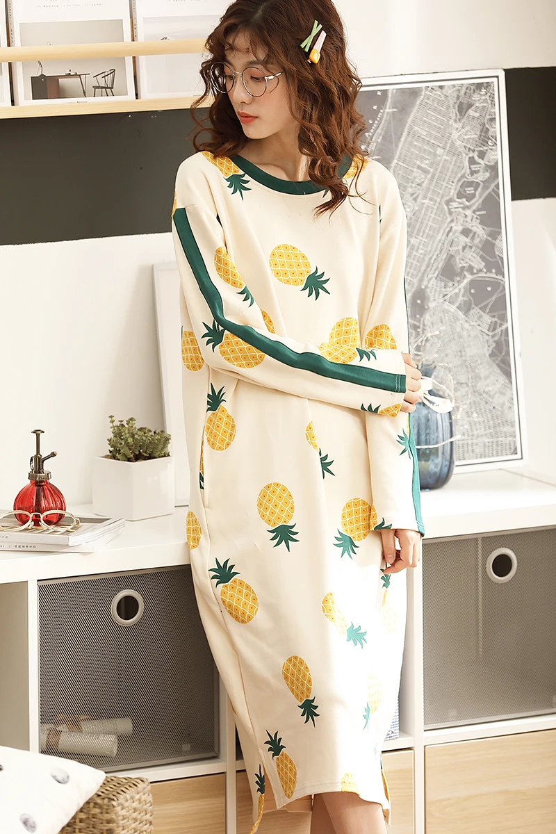 

Autumn Long Sleeve Round Neck Women Nightgowns Cartoon Pineapple Print Pocket Winter Nightdress Large Size Cotton Sleepwear 6202