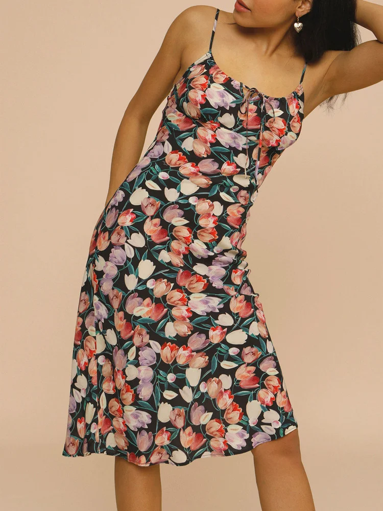 

Tulip Print Women Sling Midi Dress 2021 Spring Summer Ladies Sleeveless lace-up Suspender Dresses For Holiday