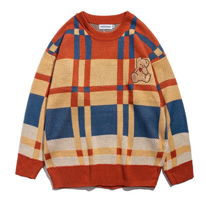 Классический Клетчатый свитер с круглым вырезом Осенний японский вязаный