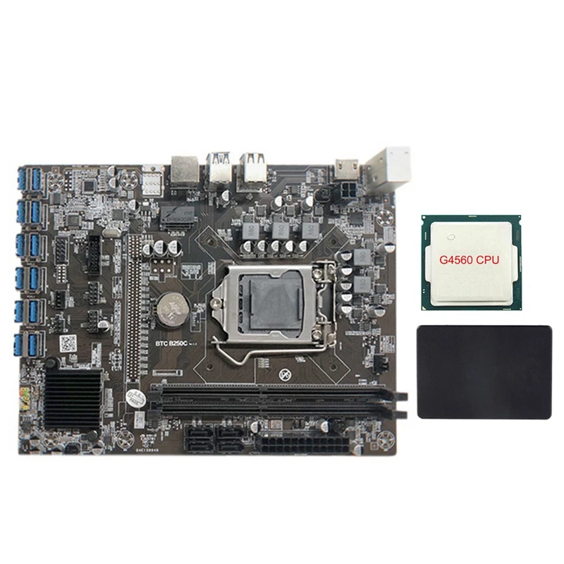 

B250C Mining Motherboard with G4560 CPU+SATA SSD 128G 12XPCIE to USB3.0 Graphics Card Slot for BTC