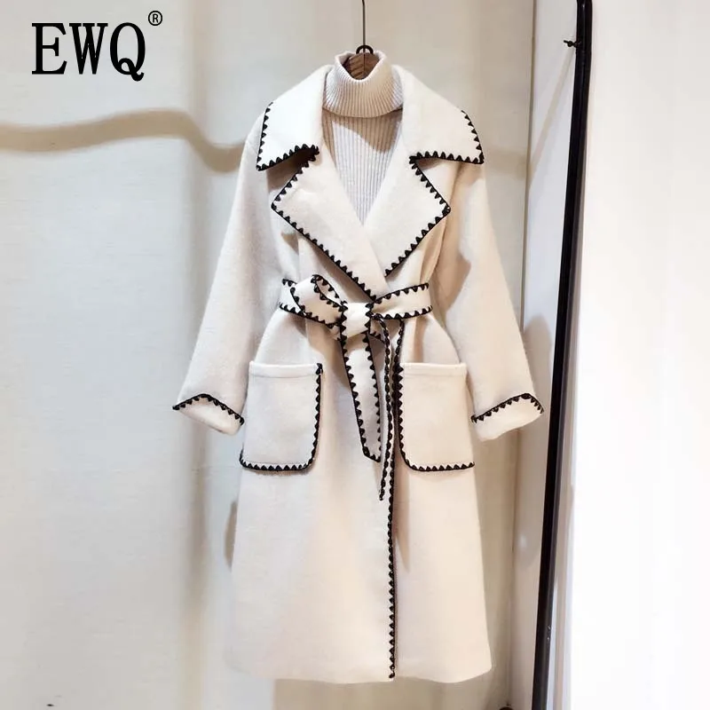 Женское шерстяное пальто [EWQ] белое с отложным воротником и длинным рукавом