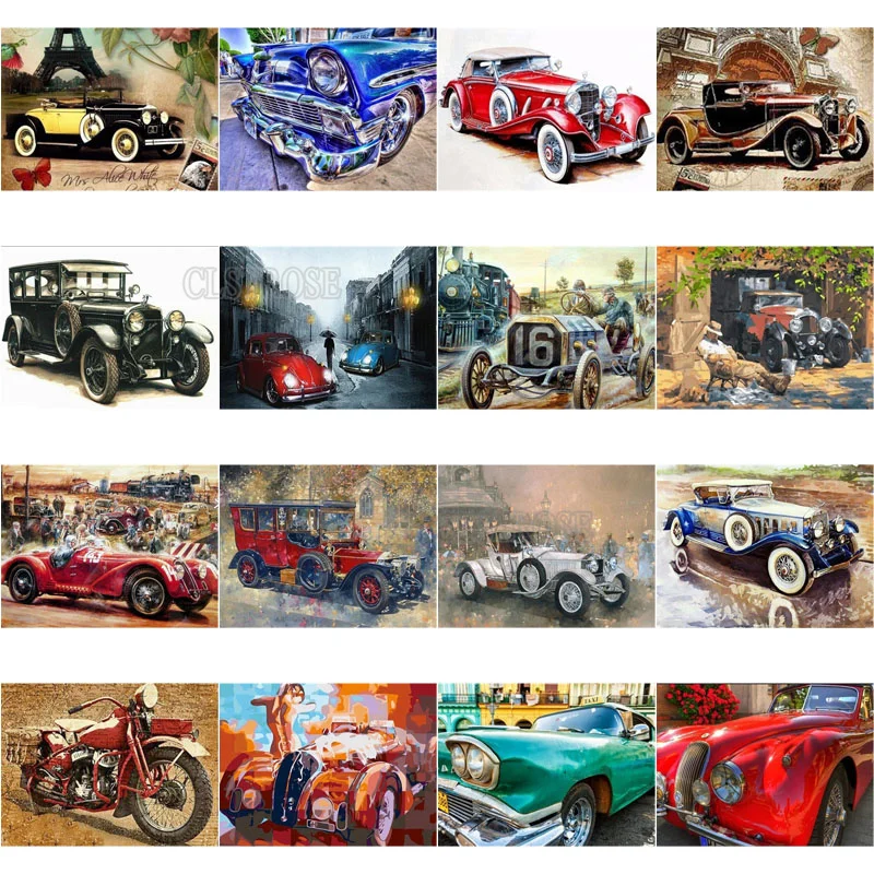 

Diamond Cross Stitch Landscape 5D Diy Diamond Painting Classic Vintage Car Rectangular Mosaic Wall Background Art Poster