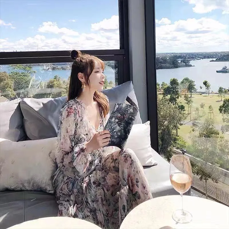 

7MZ Summer Fashion Long Dress for Women Vintage Solid Green Silk Women's Clothing Causal Bohemian Sexy Soft High Waist Robe