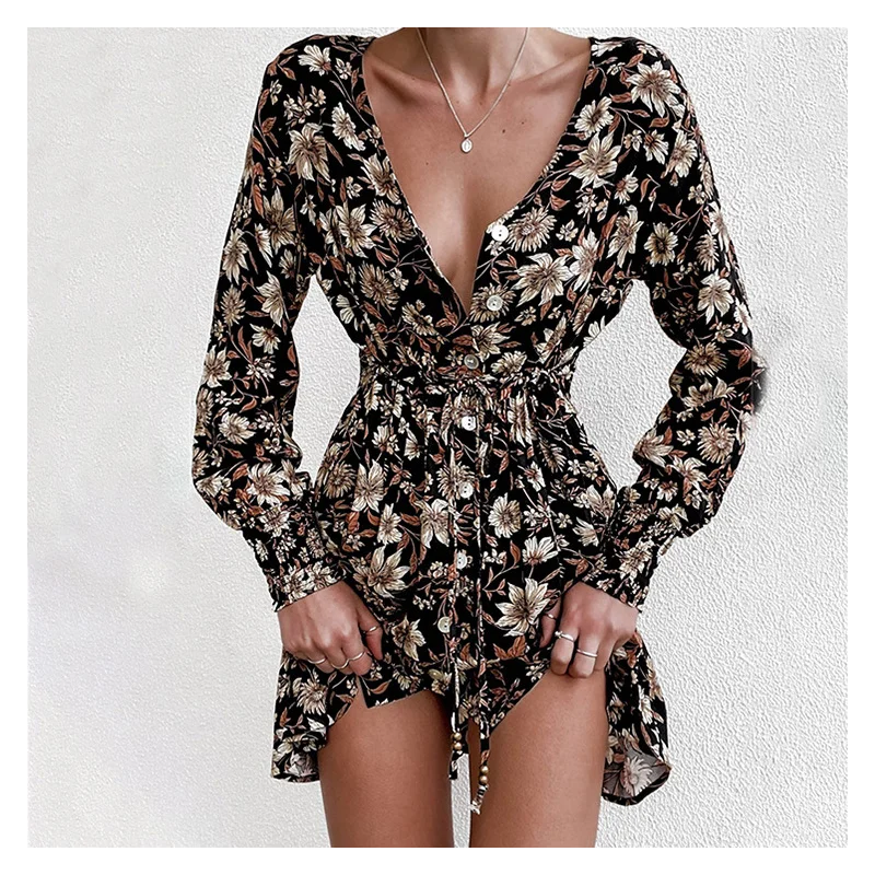

Женское мини-платье с V-образным вырезом и цветочным принтом