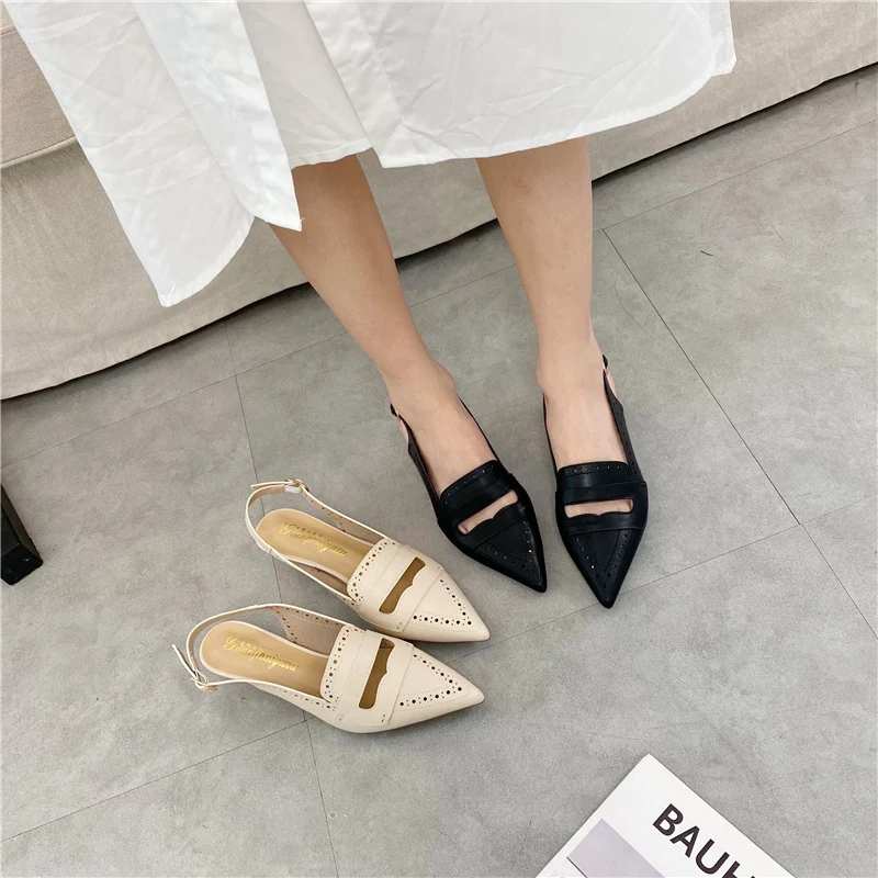 

Baotou sandals female 2021 spring and summer new soft leather pointed mid-heeled shoes with a stiletto heel fairy style female s