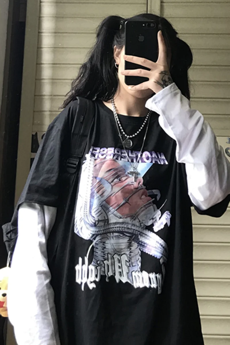 

2020 Autumn Women T-shirts New Fake Two Piece Long Sleeve T-shirt Cartoon Print Loose Casual Splicing Top Fashion