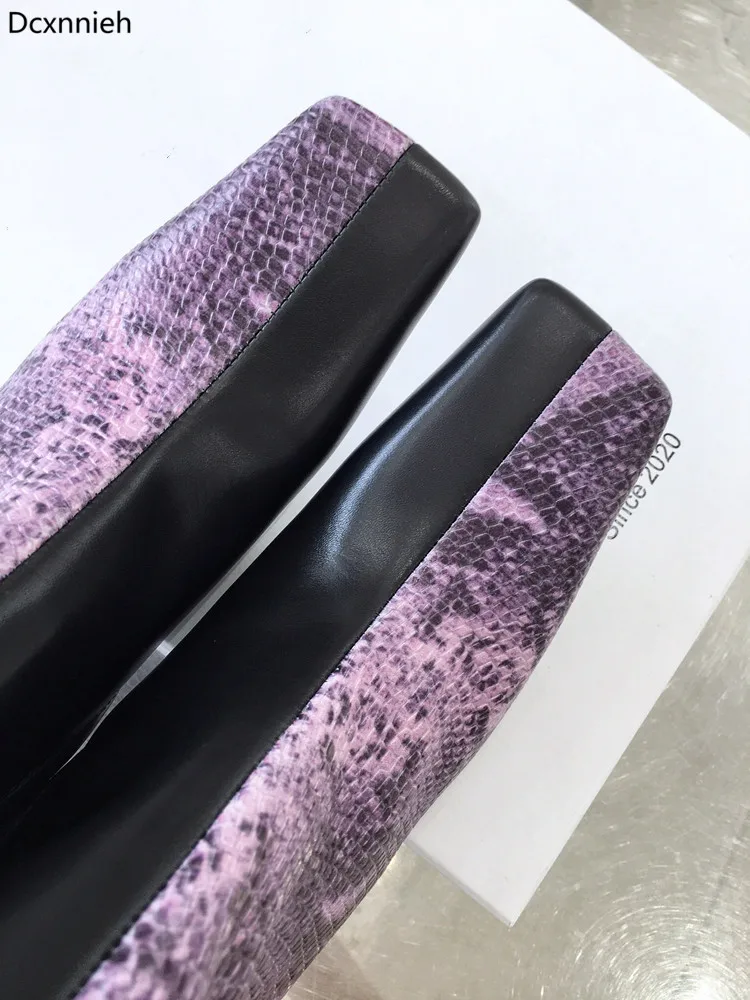 

Runway Silver Square Toe Ankle Boots Women Chunky Heels Purple Snake Pattern Boots For Woman Genuine Leather Chelsea Boots Woman