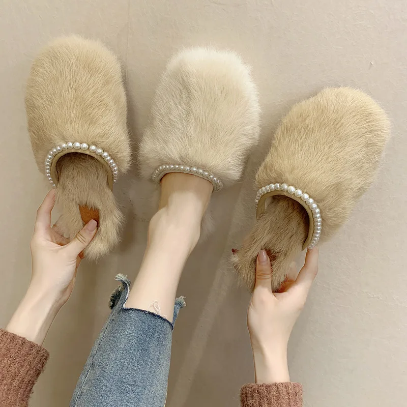 

New Spring Warm Plush Fur Slippers Women Shoes Woman Fashion 2020 Spring Autumn New Flat Pearl Round Toe Ladies Shoes Slippers