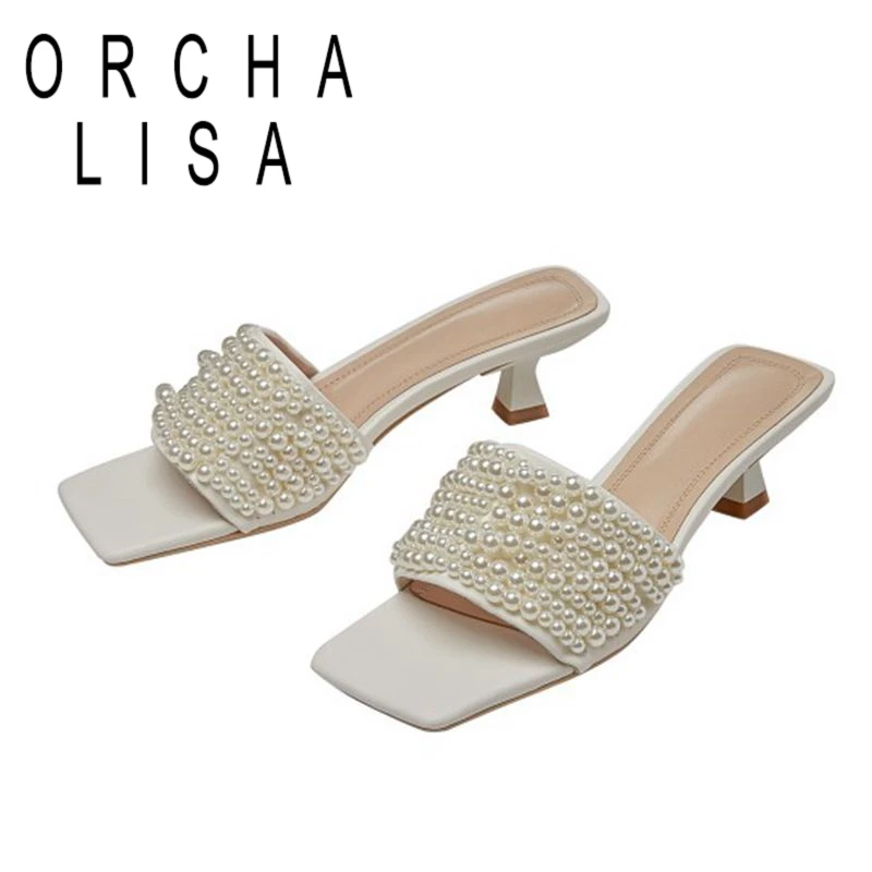 

ORCHA LISA/Большой размер 34-43; Женские тапочки; Женская обувь из натуральной кожи; Туфли без задника; "Жемчуг"; Лето обувь на среднем каблуке; Модны...