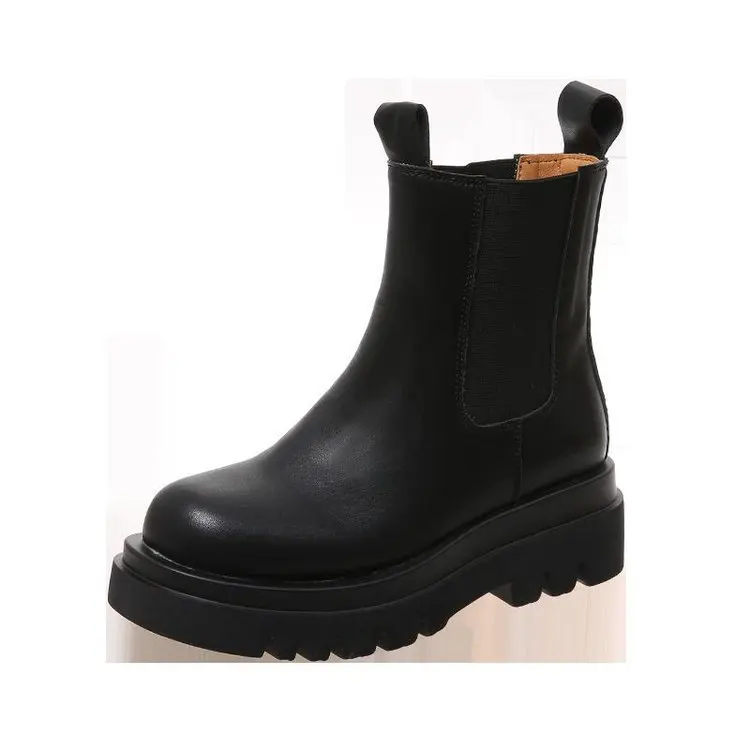 

Leather short same kind of Chelsea thick boots the soled high middle boots boots women's English wind cow leather