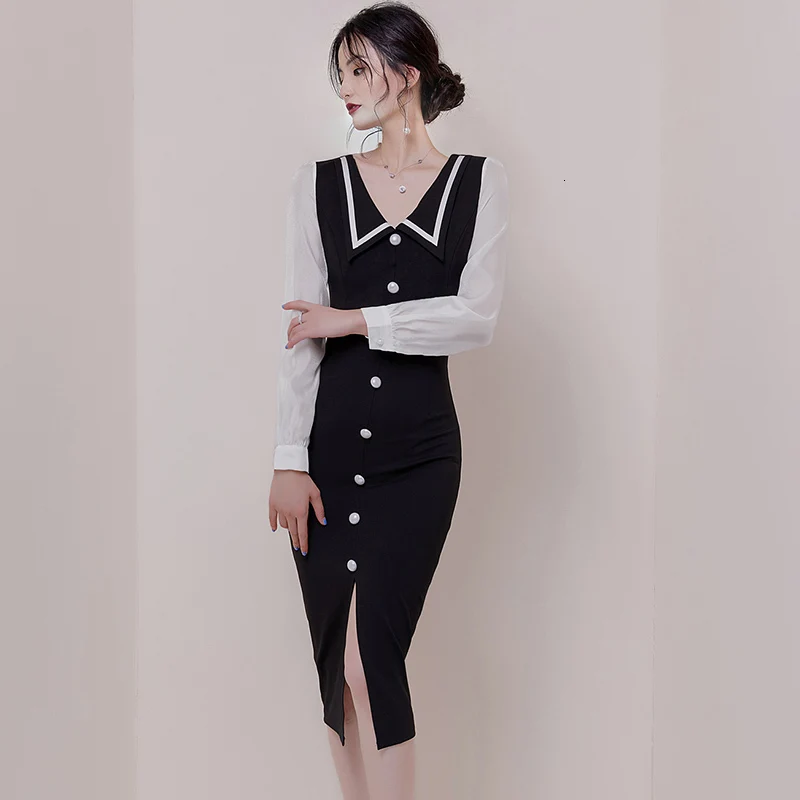 Женское черное платье с длинным рукавом и v образным вырезом винтажные вечерние