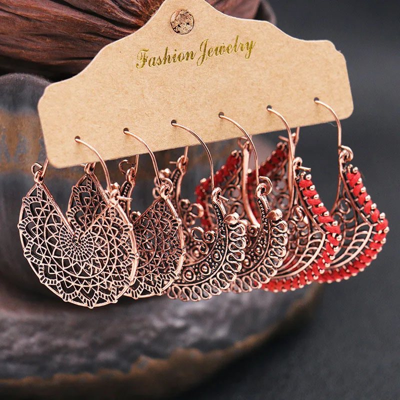

Hot Selling Ethnic Style Popular Retro Alloy Three-piece Earrings Set Tassel Turquoise Earrings For Womens Original Jewelry Gift