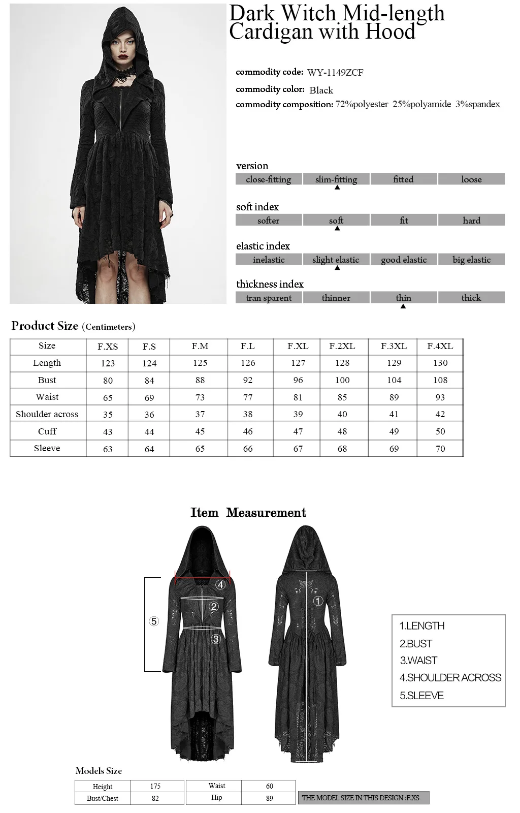 

PUNK RAVE Women Gothic Dark Witch Cardigan with Hood Dress Dark-printed Woven Fabric Slim Party Stage Performance Costume