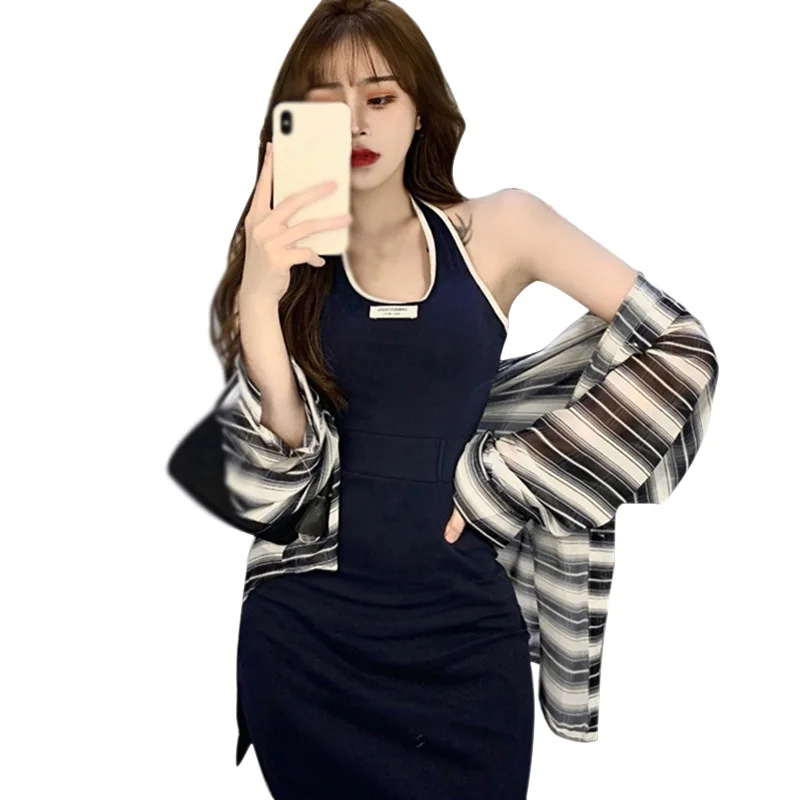 

Women's Contrast Color Halter Slim Sexy Dresses Split Sleeveless Clubwear Vestidos Femme vestido de mujer