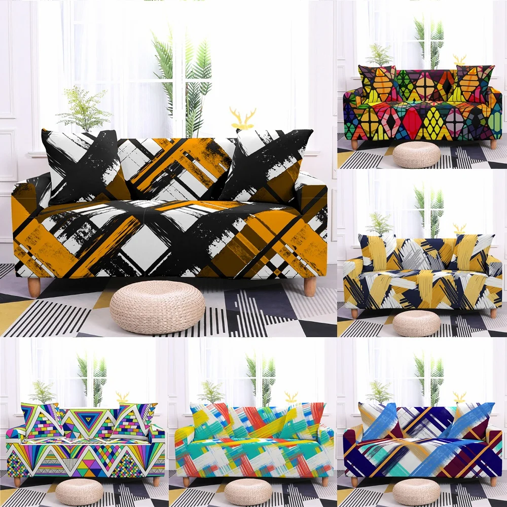 

Watercolor Geometry Elastic Sofa Cover Living Room Colorful Plaid Slipcover Furniture Protector Yellow Black Blue Couch Covers