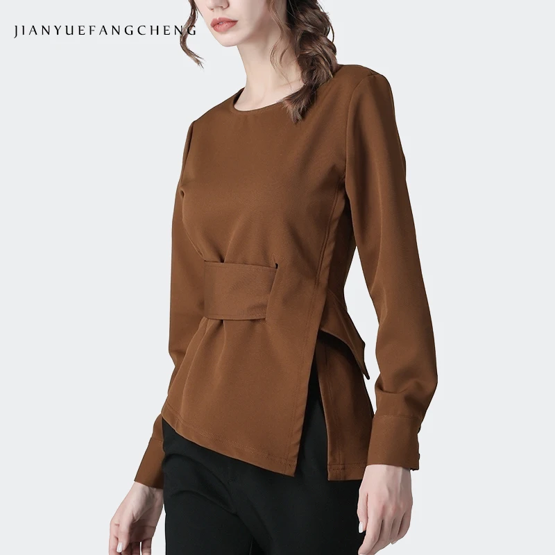 Женская винтажная Блузка с поясом элегантная офисная блузка ярких цветов