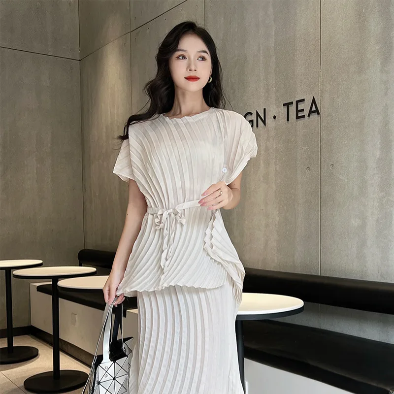 Women Sets Miyake Pleated Summer New Solid Loose Large Size Folds  High Street Asymmetrical Pullover and Skirts Two-piece set