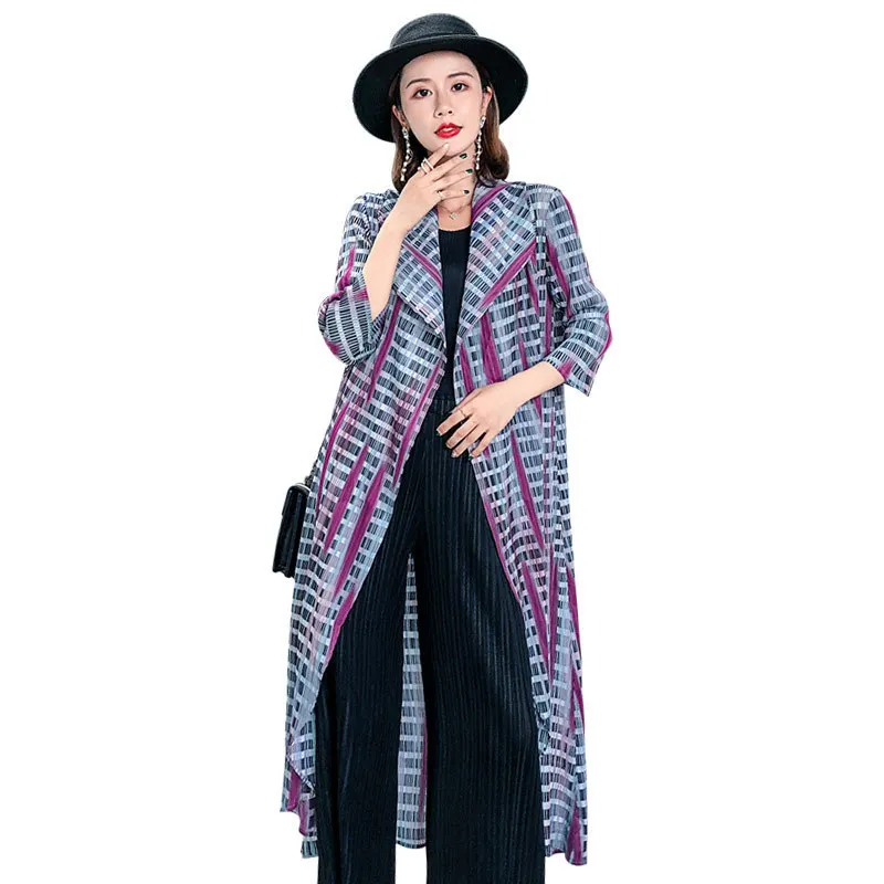 

LANMREM 2021 New autumn Lapel Hit Color Stripe Mid-length Windbreaker Women Streetwear Big Size Pleated Trench Coat PE044