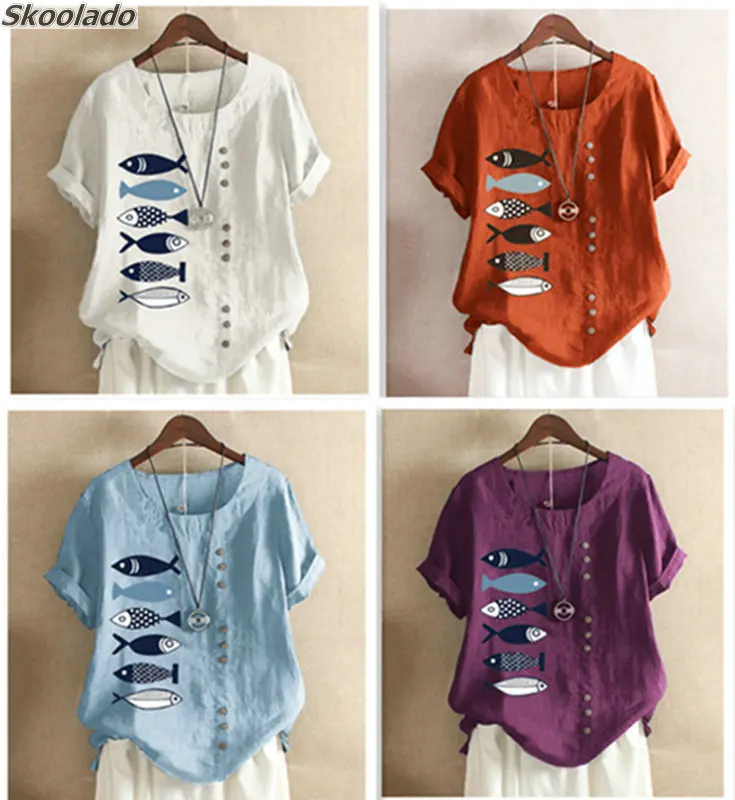 Блузка женская летняя из хлопка и льна с круглым вырезом коротким рукавом |