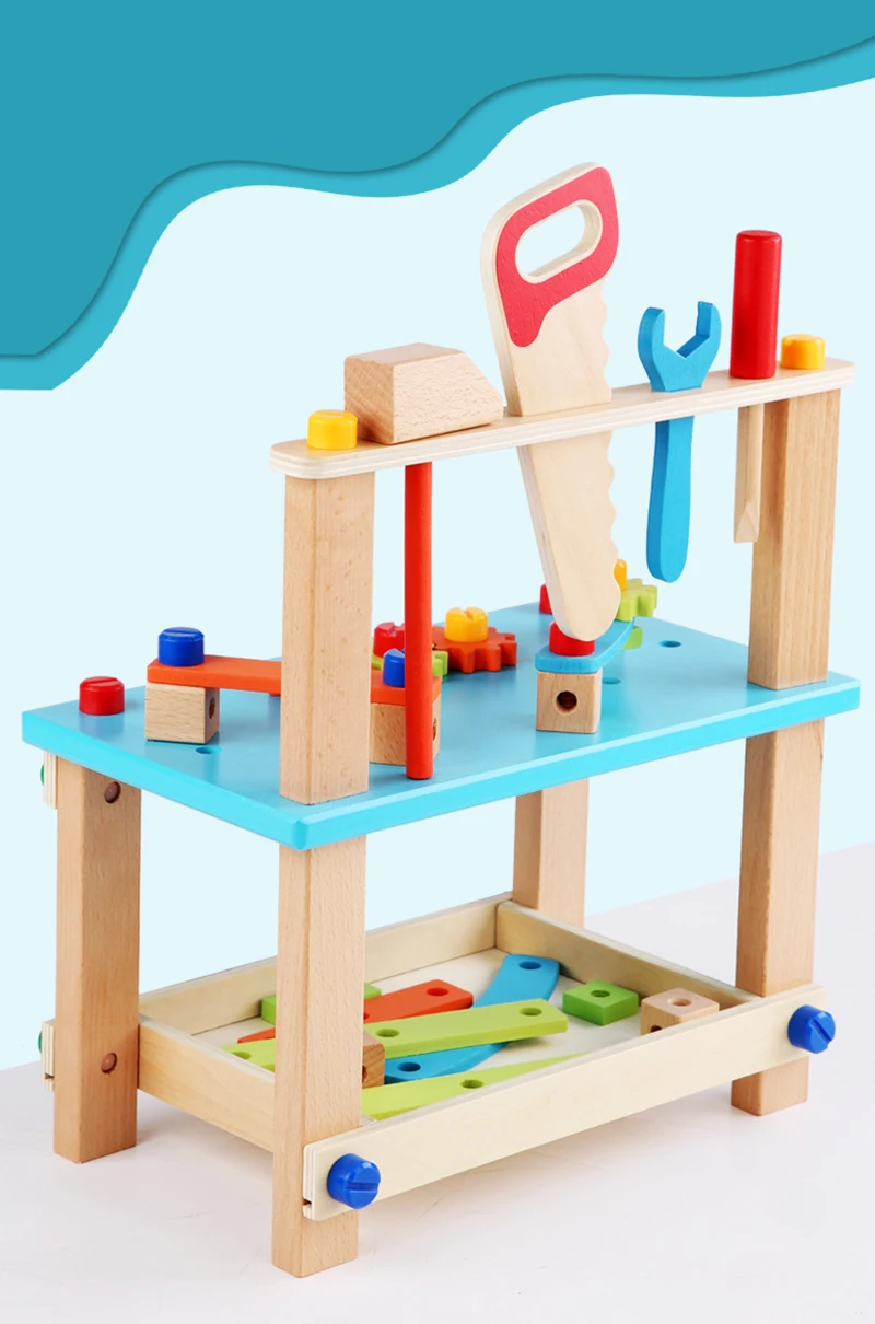 

Wooden Tool Workbench Workshop Toy for Kids Assembling Chair Montessori Toys Educational DIY Nut Screws Tools Building Block Toy