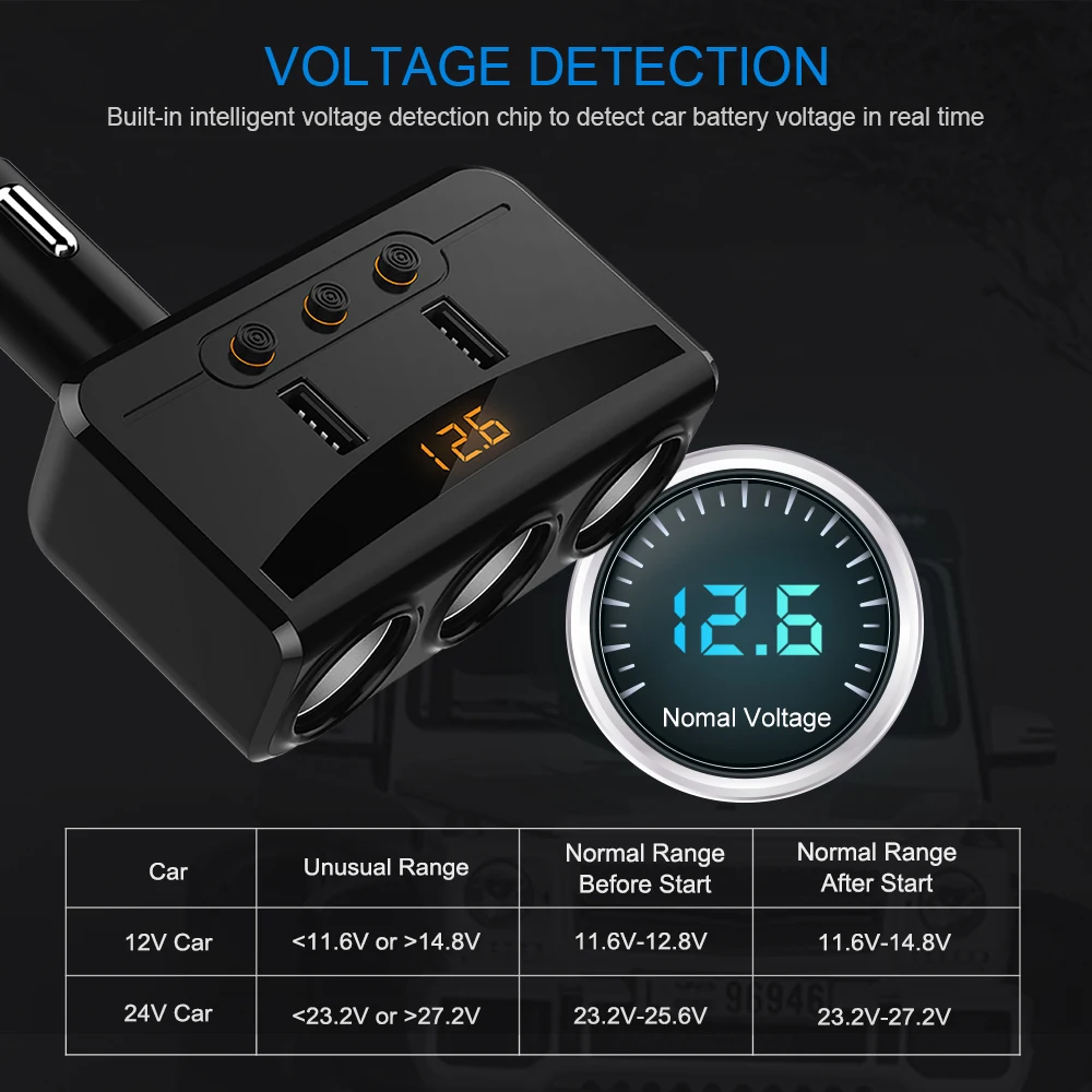 Car Charger 3 Cigarette Lighter Dual USB 3-in-1 12V 24V Mobile Phone Accessories |
