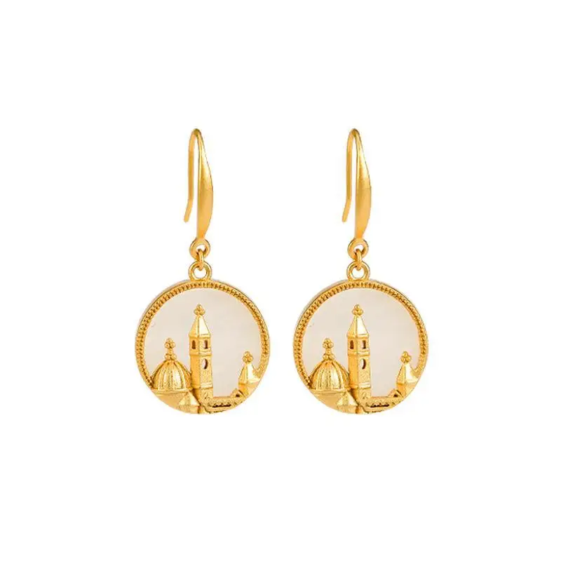 

Original S925 Sterling Silver Gilding Hetian Jade White Jade European Castle Palace Temperament Women's Earrings Eardrop Earring