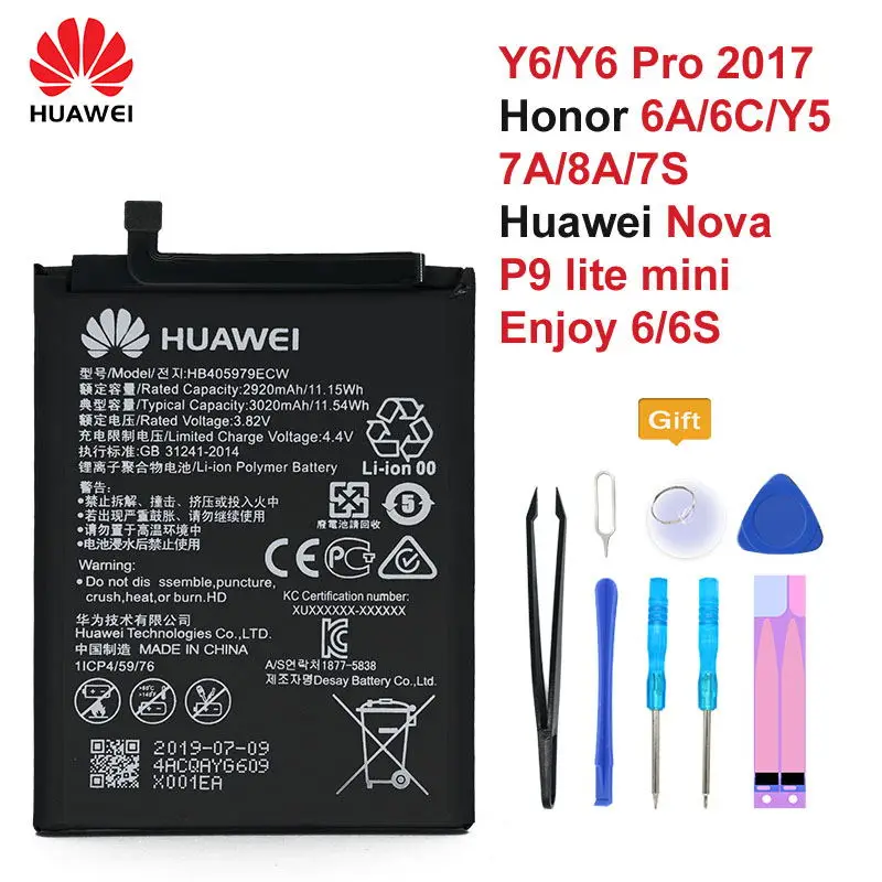 100% Оригинальный аккумулятор HB405979ECW для Huawei Nova CAZ AL10 TL00 CAN L01 L02 L12 Enjoy 6S Honor 6C Y5 2017 p9 lite