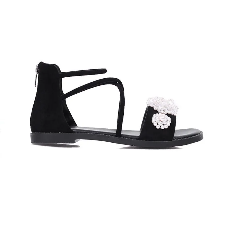 

Pearl Sandals Low-Heeled Shoes With Strap 2021 Summer Suit Female Beige Low-heeled Flat Girls Velvet Black Fashion Comfort