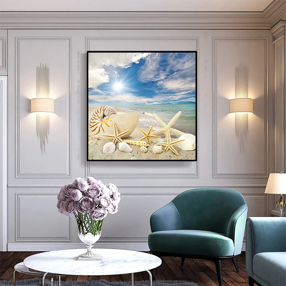 

Canvas Art Poster Sunlight Beach Conch and starfishe Scenery Wall Decor Picture Modern Home Decoration For Office Living room