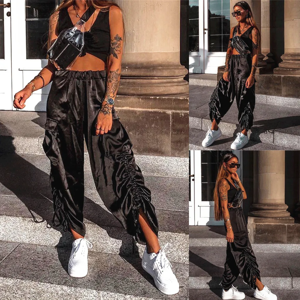 Women Pants Baggy Wide Leg Solid Gothic Punkt Casual Loose Elastic Trousers Pockets Full pantalones de mujer |
