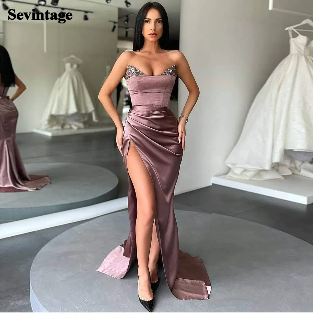 

Sevintage Modern Mermaid Prom Gowns Satin Beaded Evening Dresses Long High Slit Formal Women Dress Special Night Club Outfits