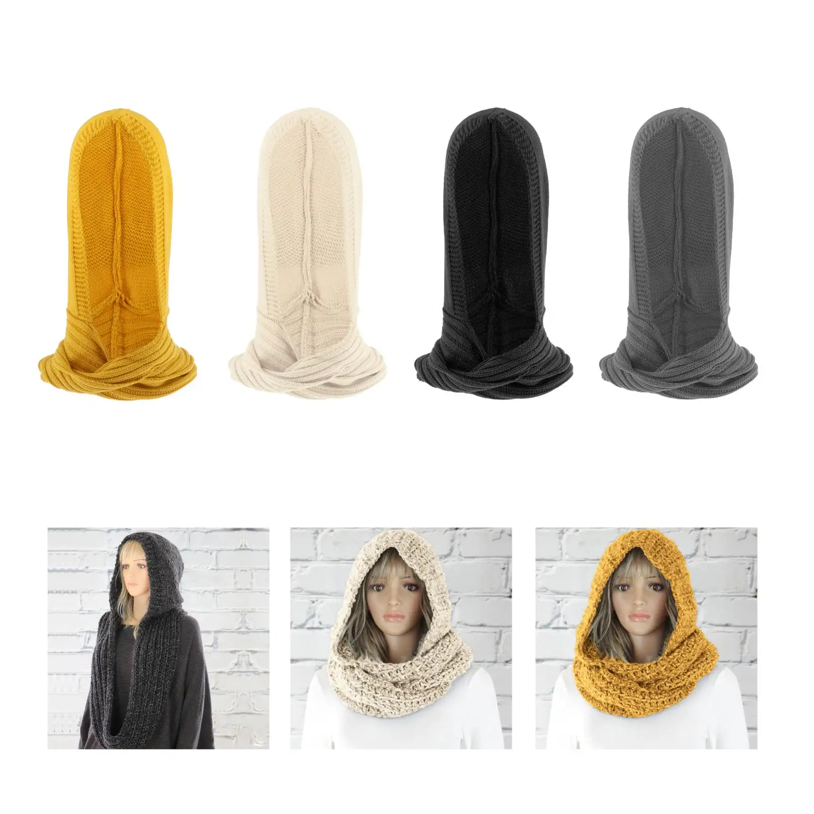 

Womens Hooded Scarf Knitted Hoodie Pullover 3 in 1 Shawl Long Headscarf
