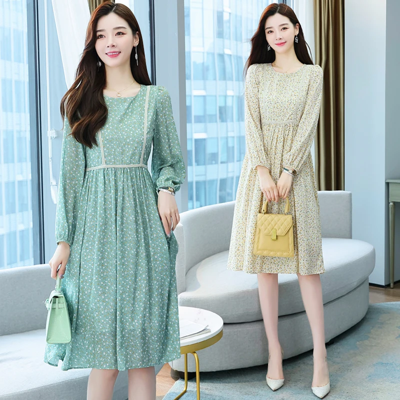 

Chiffon Loose Women Dresses New Fashion Casual Long-sleeved Dress Flower Print O-neck Autumn A-LINE Mid-length Houthion