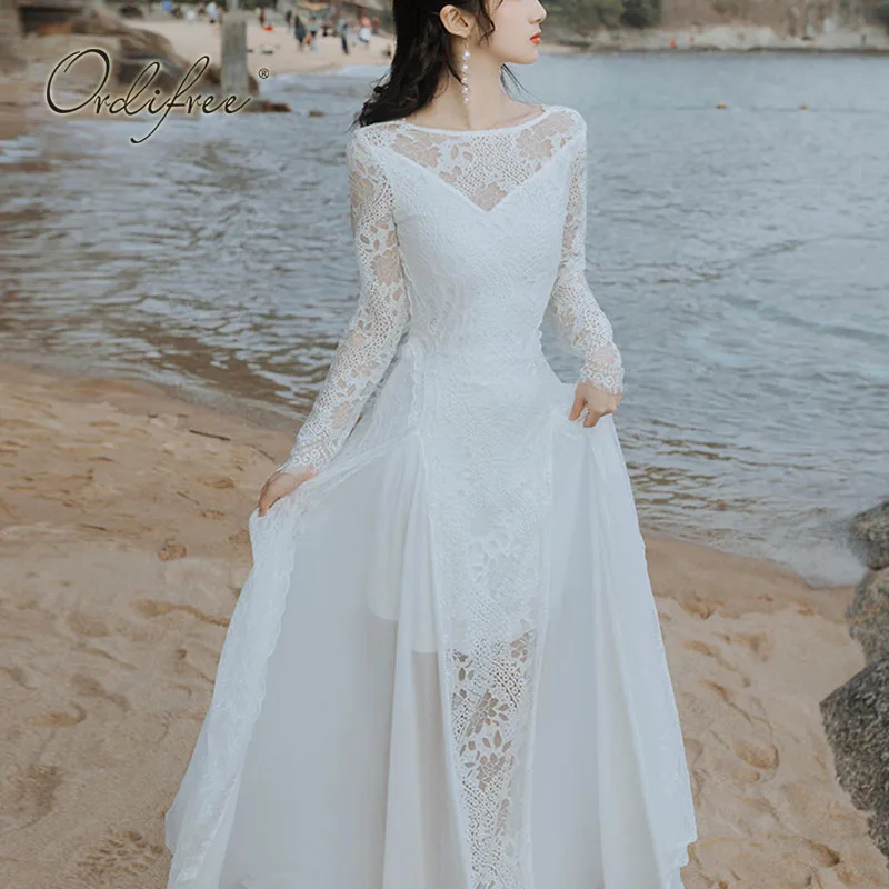 

Женское длинное кружевное платье Ordifree, белое прозрачное Пляжное Платье макси с длинным рукавом и открытой спиной для отпуска, лето 2021
