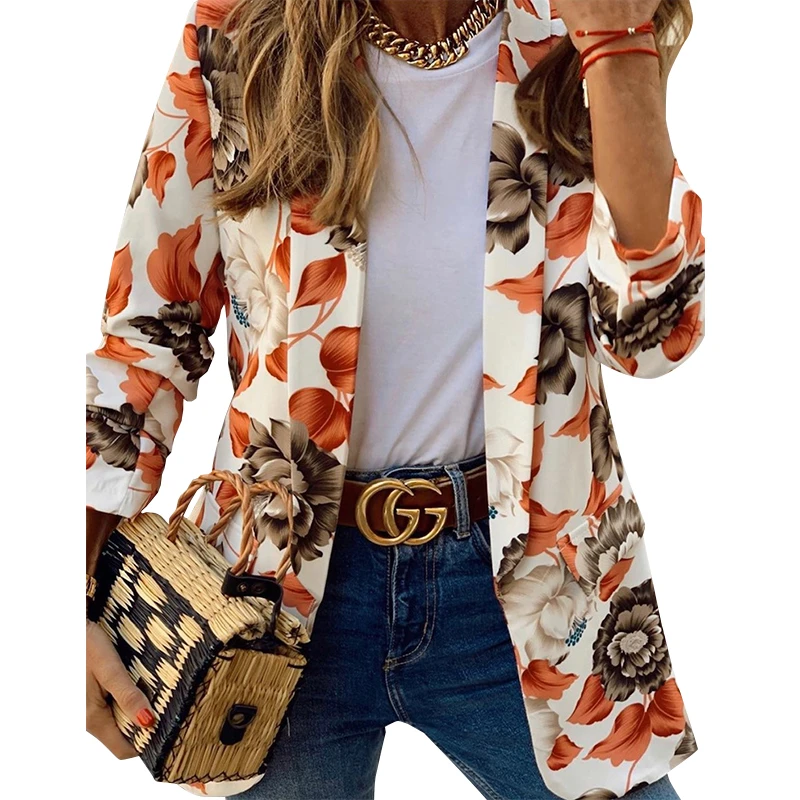 

Women Autumn Spring Flower Print Blazer Adults Casual Style Long Sleeve Open Front Suit Jacket 2021 New Casual
