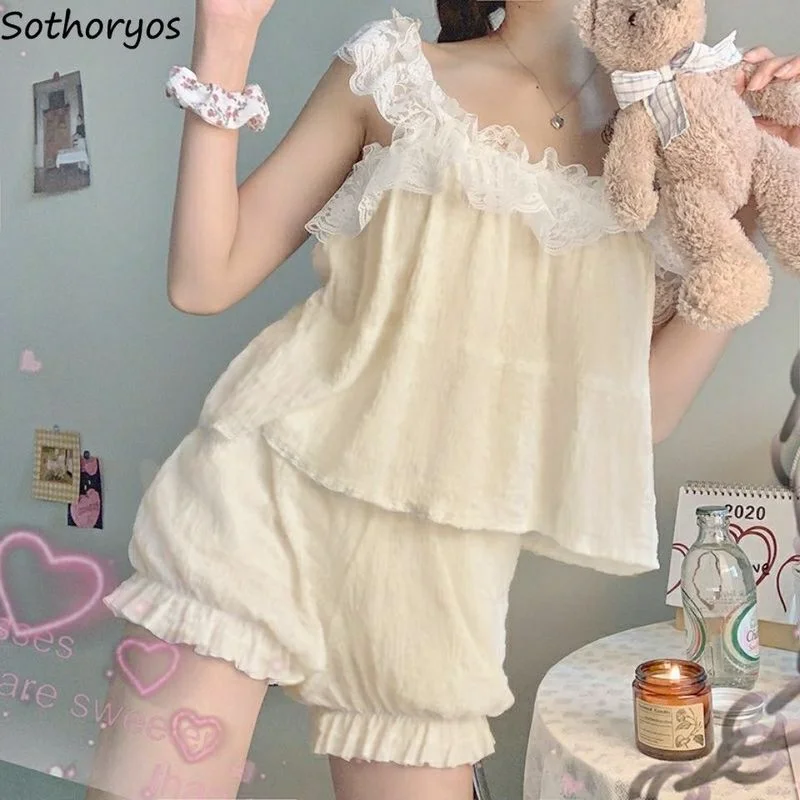 

Pajama Sets Women Lace Sexy Summer Sleeveless Tops Spaghetti Strap Shorts Two Piece Set Loose Sleepwear Lounge Wear Soft Casual