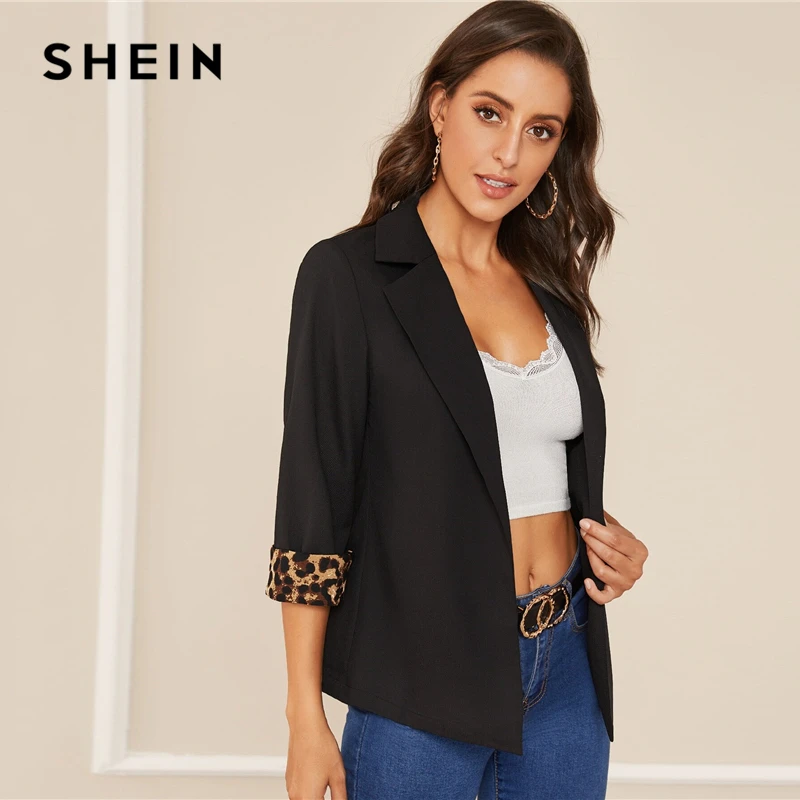 SHEIN зазубренный воротник Леопардовый принт рукава с манжетами элегантный блейзер для женщин осень с закатанными рукавами офисные женские куртки-блейзеры