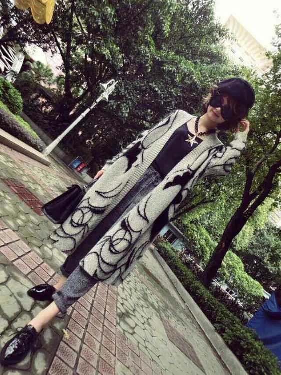 

Lady wool Sweater Fashion medium long Cashmere Cardigan Women loose sweater for female outerwear coat with pockets