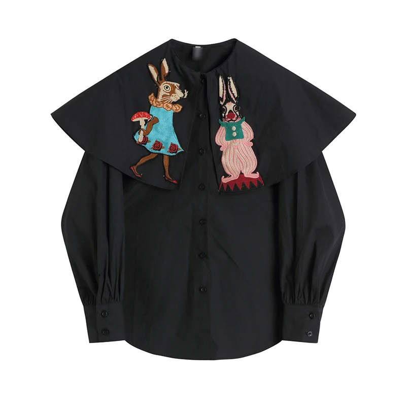 

2022 Vintage Shirt Women Black Spring Long Sleeve Casual Oversized Streetwear Sweet Cute Rabbit Print Blouse Fashion Female Tops