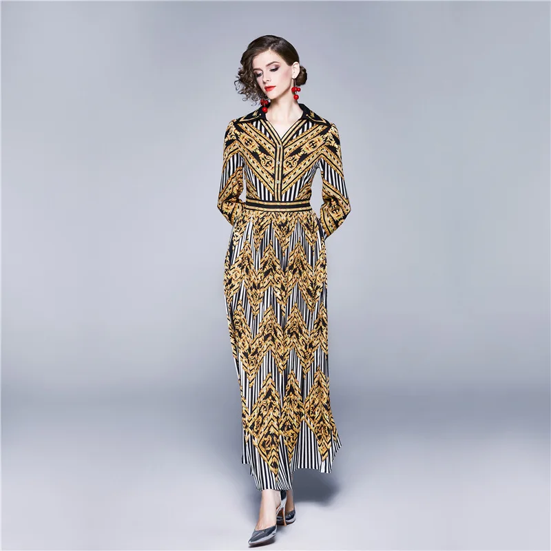 

Autumn Spring Lapel Imperial Vintage Printing V-neck Long Sleeve Waist Pleated Dresses A-Line Party High-Grade Women Clothes