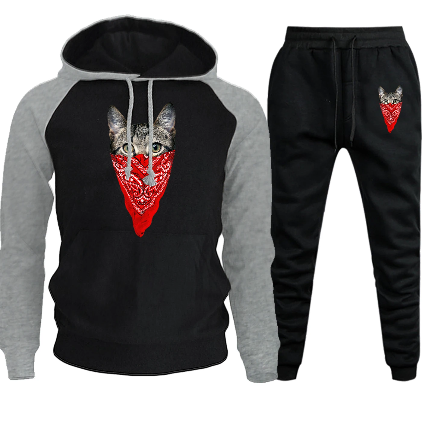 

Animal Cat Autumn Winter New 2019 Sweatshirt Raglan Mens Hoodies Suit Casual Pullover Vintage Print Hooded+Pants 2 Piece Set