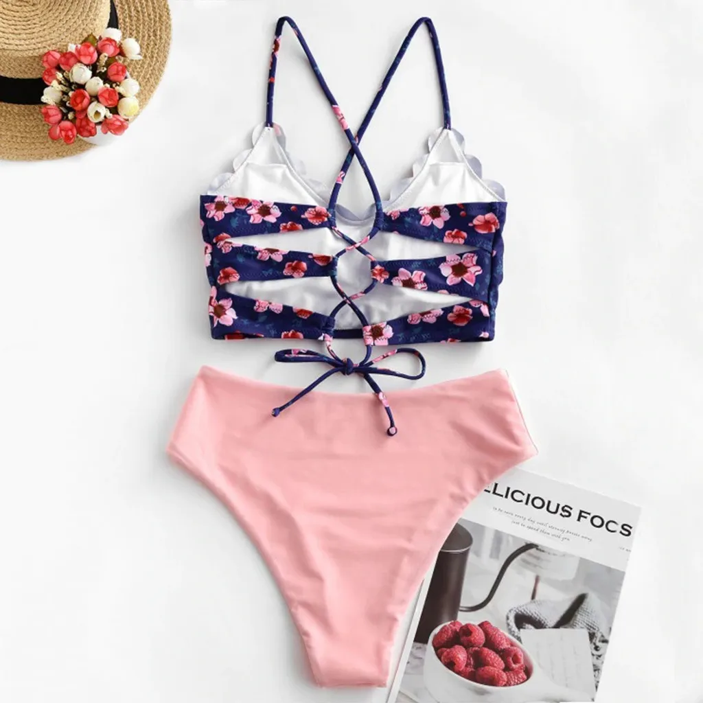 

Women Sexy Floral Scalloped Crisscross Tankini Swimsuit Swimsuit BeachwearBather Mid Waist Bathing Suit Swim Lady ropa mujer