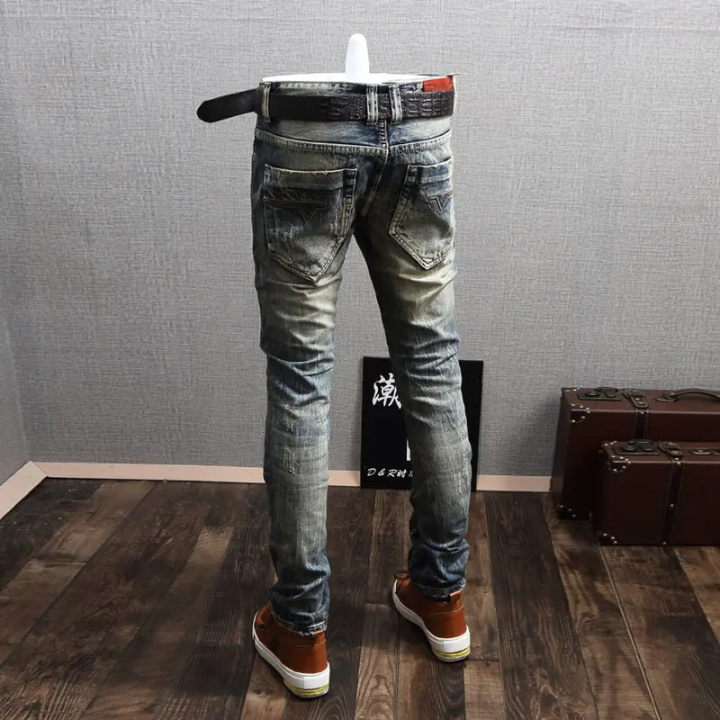 Newly Streetwear Fashion Men Jeans Distressed Slim Fit Destroyed Ripped Jeans Men Patchwork Vintage Designer Retro Denim Pants