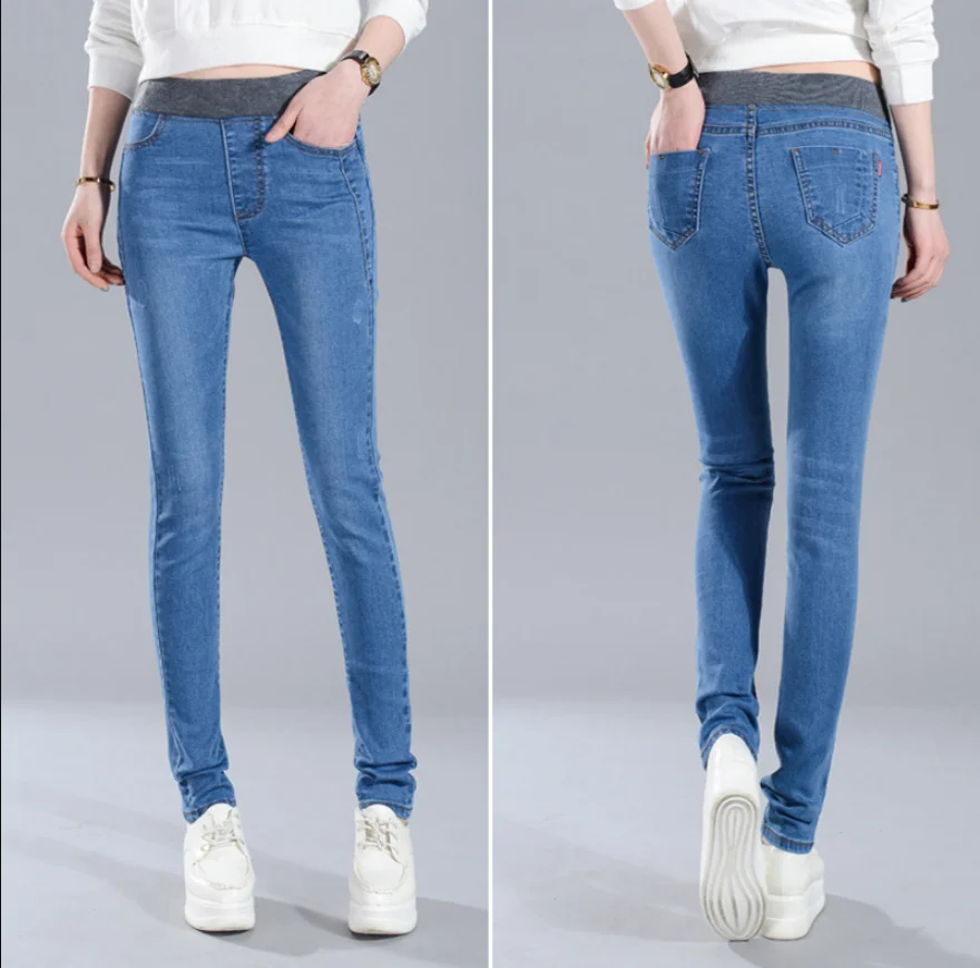 Эластичные кашемировые теплые джинсы для женщин большие черные с высокой талией