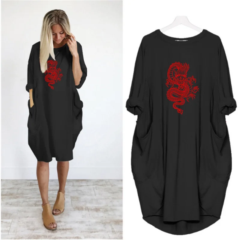 

Women Dresses Dragon Print Autumn Long Sleeve Pocket Casual Loose Streetwear Party Harajuku Tshirt Dress