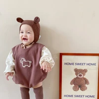 2022 baby winter romper new fleece lined korean style fresh dog embroidery romper for baby girls and baby boy