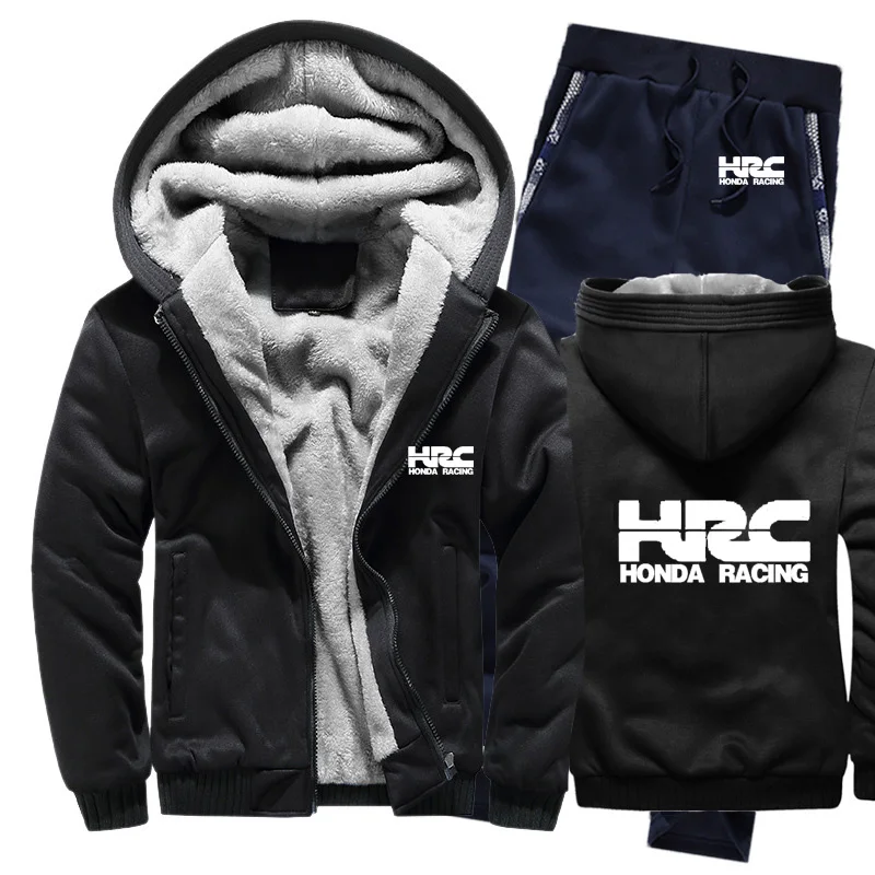 Hoodies Men HRC race motorcycle Car Logo Mens Suit Winter Thicken Warm Fleece Zipper Tracksuit Jacket+Pants sets | Мужская одежда