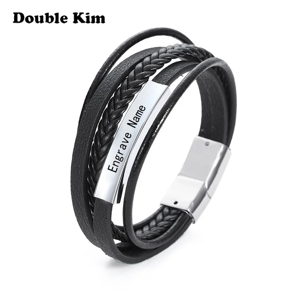 

Customized Men's Engrave Bangle Multilayer Woven Leather Bracelet Stainless Steel Material DIY Engrave Word Fashion Jewelry Gift