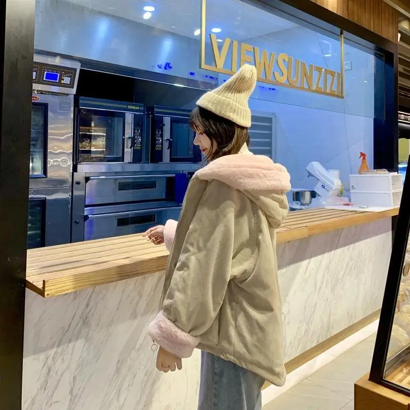 

Short Style Parkas Women Hooded Corduroy Flocking Comfort Sweet Girls Plus Size 2XL Loose Streetwear Harajuku Stylish Casual