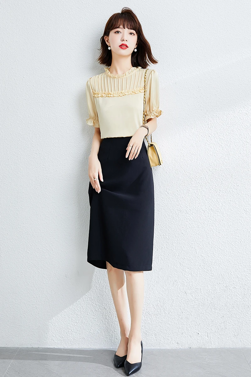 

Chiffon Loose Women's Blouse New Casual Shirt Fashion Blouses Ruffle Collar Summer Tops Solid Color Short Sleeve Shirts Houthion